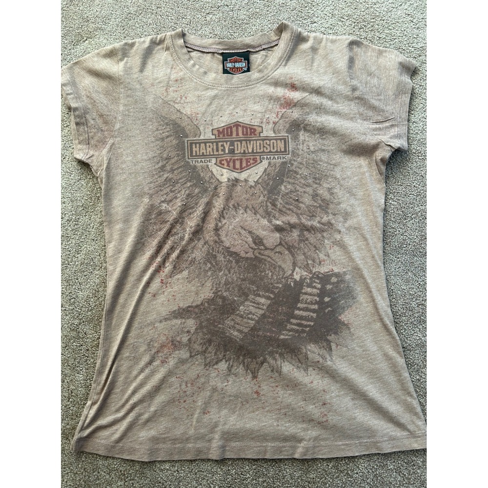 Harley-Davidson Women Large Tan Eagle Graphic Tee Grand Canyon Studded Shirt